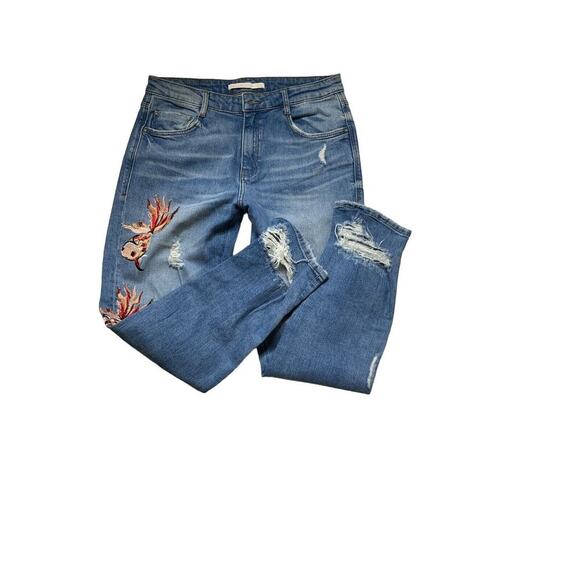 Zara Trafaluc Jeans Womens Size 6 Embroidered Floral Distressed Blue Denim - Picture 4 of 12